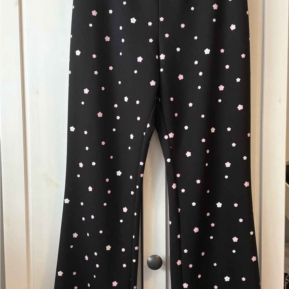 Black Flare Pants with White Floral Pattern